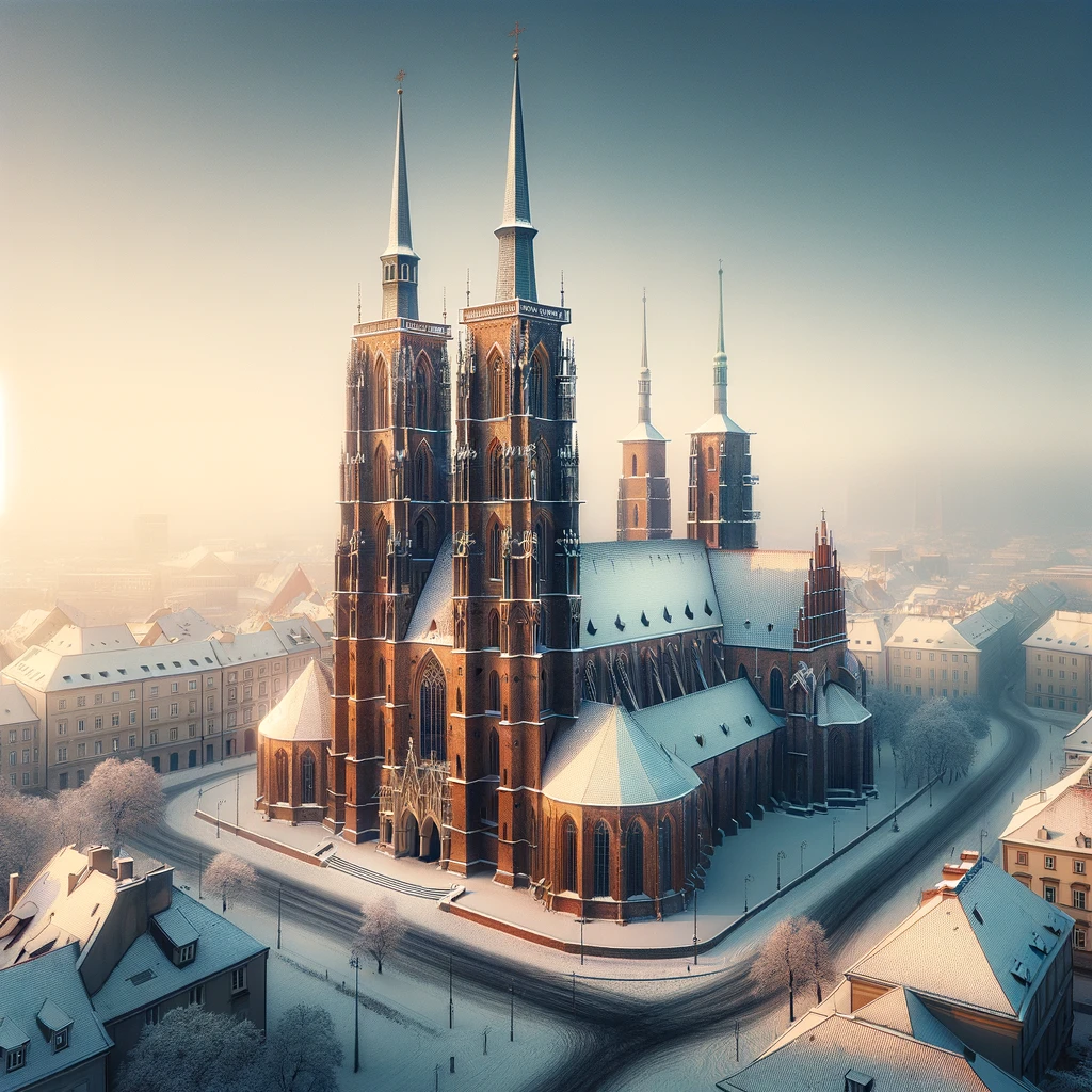 The Cathedral of St. John the Baptist in Wrocław, covered in snow, showcasing Gothic architecture on a serene winter day.