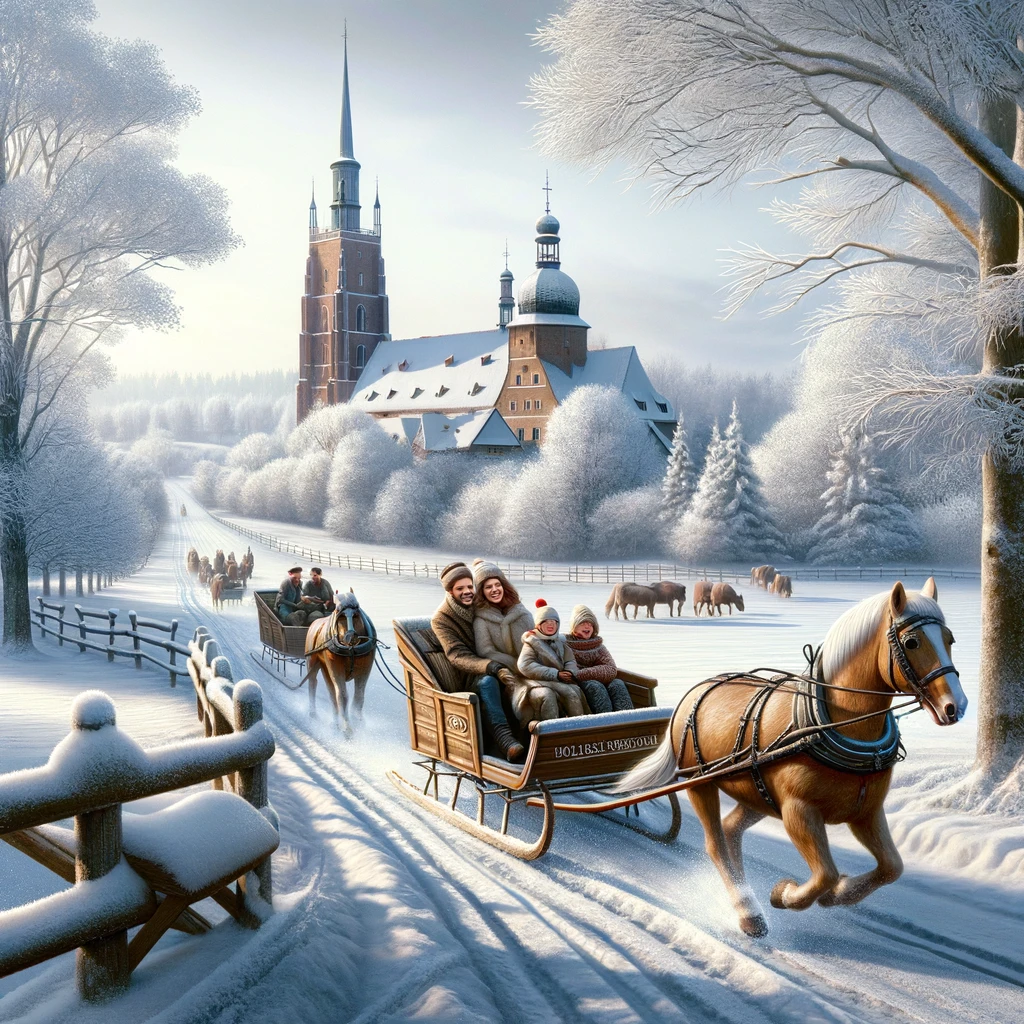 A joyful family on a sleigh ride in the snowy countryside near Wrocław, surrounded by a picturesque winter landscape.