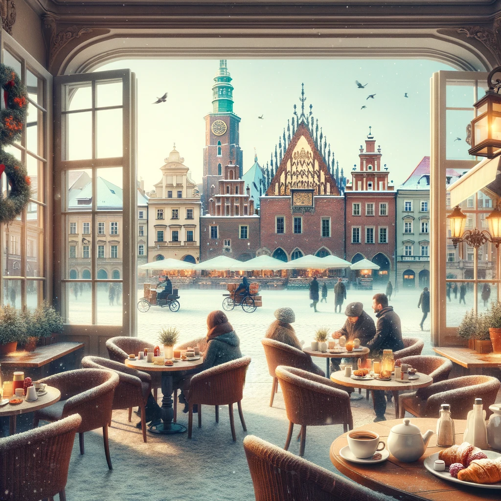 Cozy café scene in Wrocław's Market Square during a winter morning, with patrons enjoying breakfast and a view of the snow-covered square.