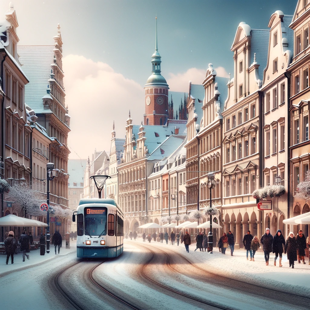 Snow-covered street in Wrocław with historic buildings and a tram, people warmly dressed in a tranquil winter setting.
