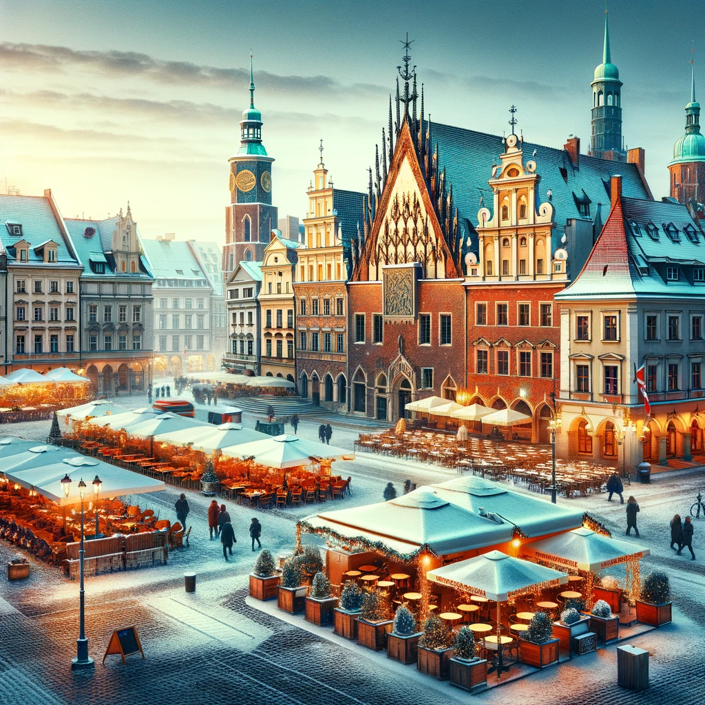 Wrocław's Market Square on a winter morning, alive with the buzz of cafes and the charm of historic buildings.