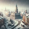 Snow-covered streets of Poznan in January with historical landmarks