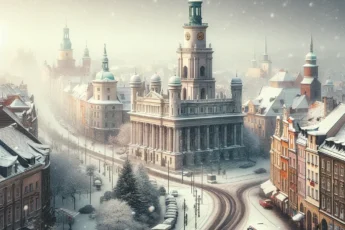 Snow-covered streets of Poznan in January with historical landmarks