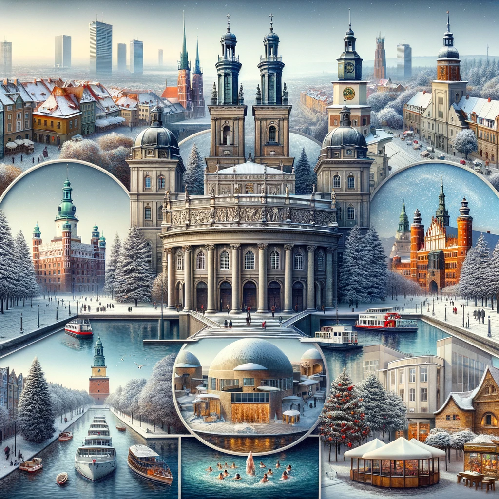 Collage of Poznan's top attractions in winter: Old Town, Royal Castle, Cathedral, National Museum, Stary Browar, and Malta Baths