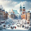 Snowy streets of Warsaw in January showcasing historical buildings and vibrant city life
