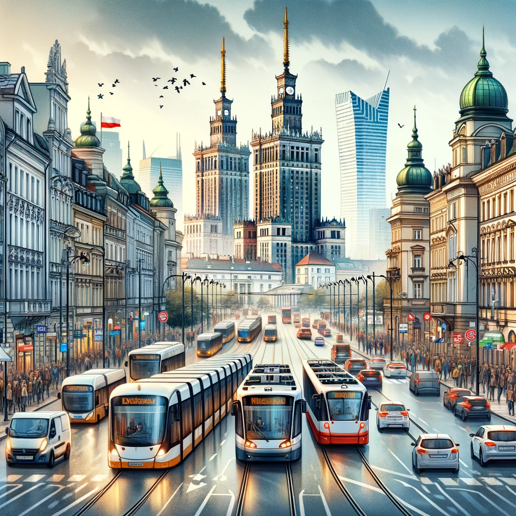 Busy Warsaw Street with Public Transport System