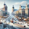 Snow-covered streets and historical buildings in Krakow, Poland during a lively January day