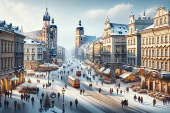 Snow-covered streets and historical buildings in Krakow, Poland during a lively January day