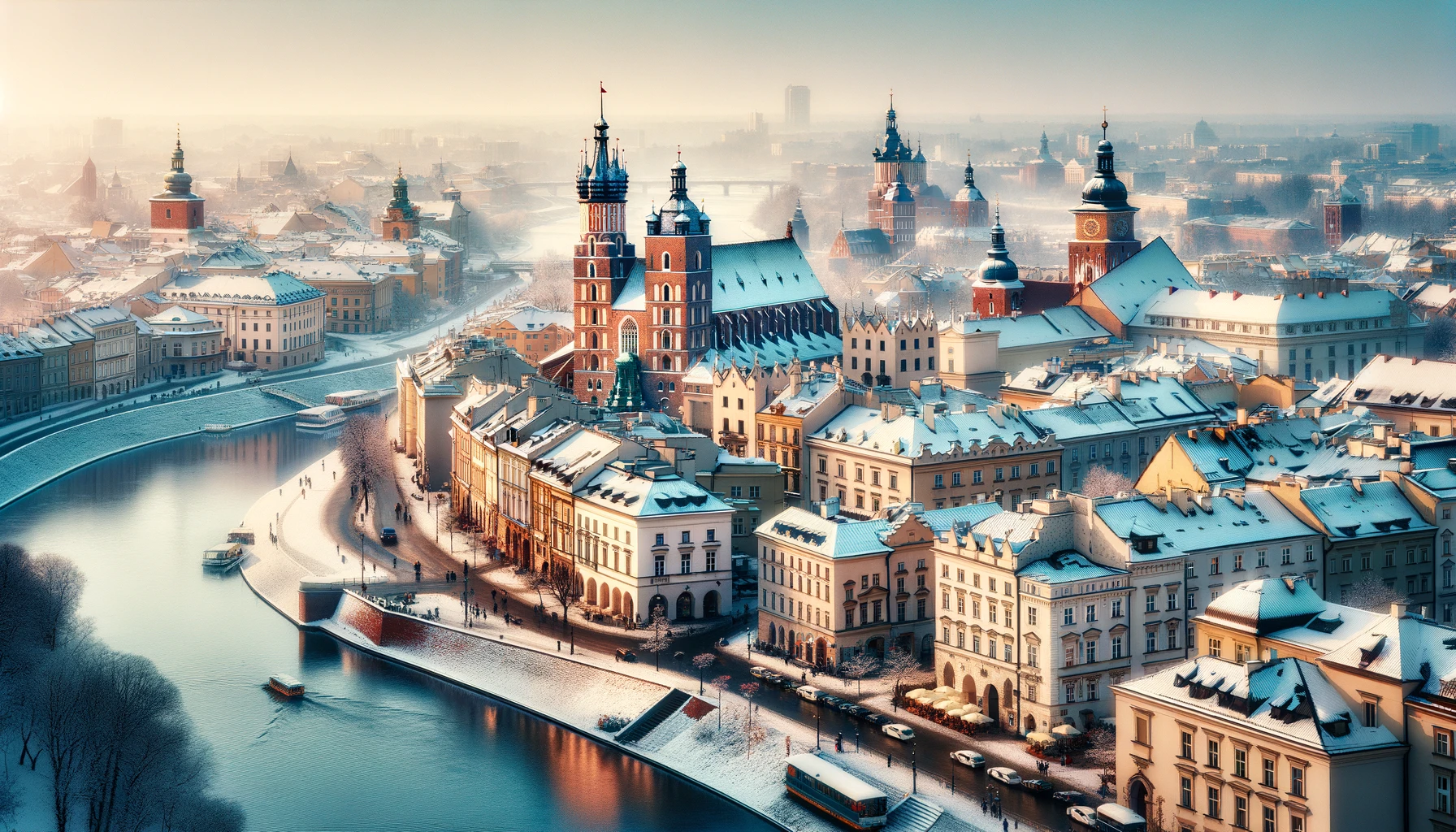 Snow-covered historic center of Krakow with Gothic and Renaissance architecture