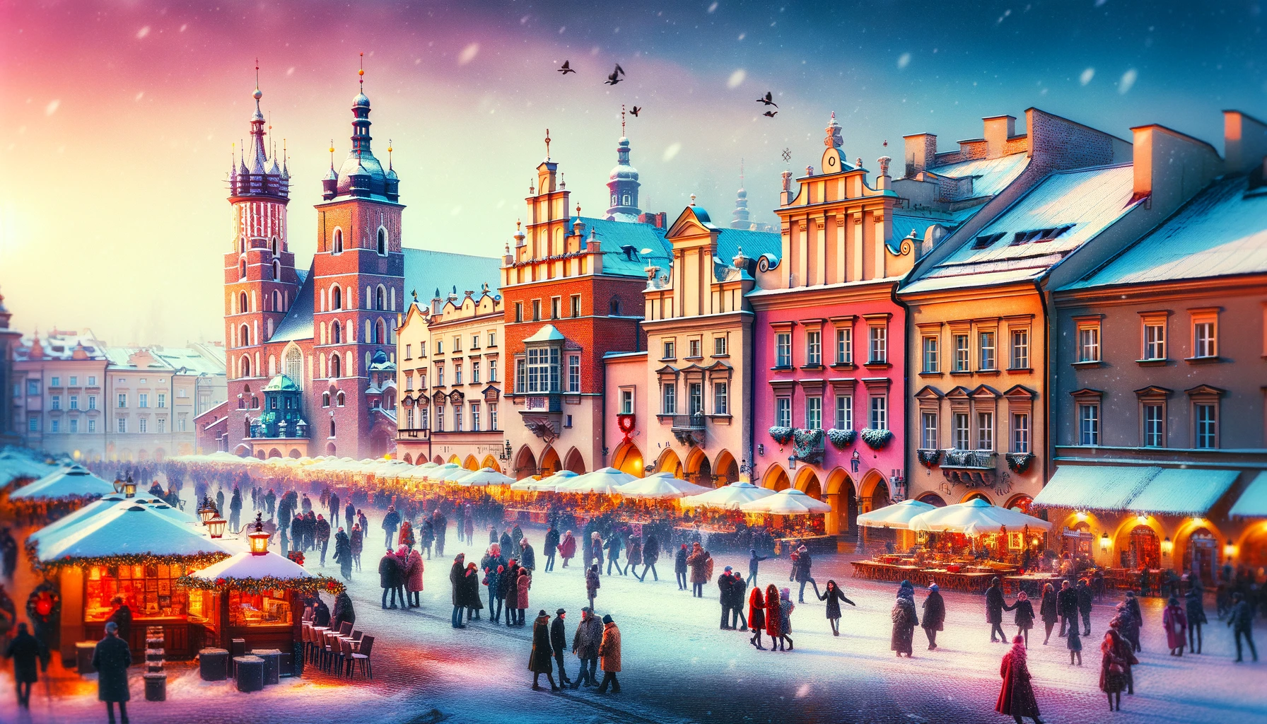Winter view of Main Market Square in Krakow with historic townhouses and lively atmosphere