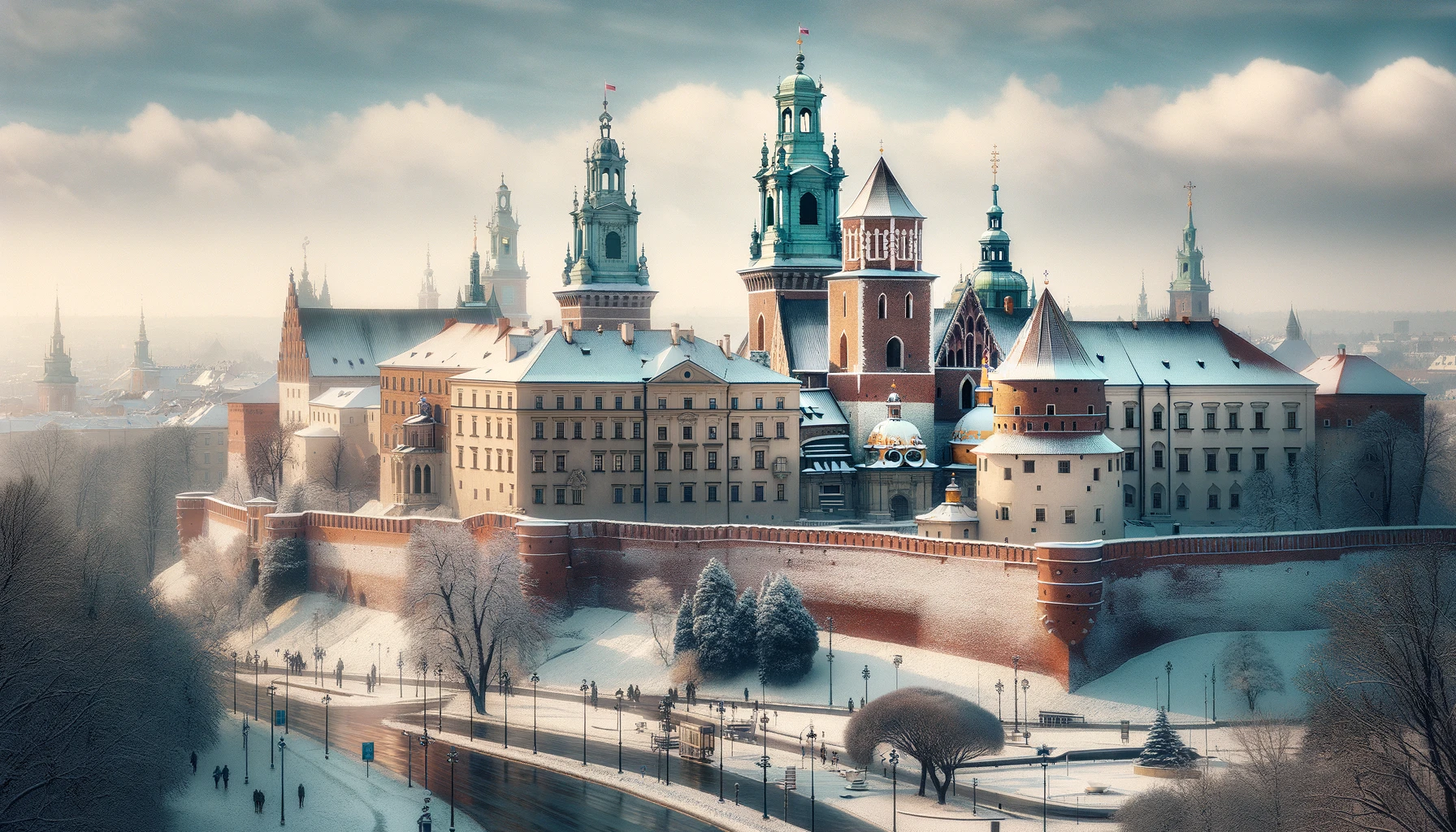 Snowy landscape of Wawel Royal Castle in Krakow, highlighting its majestic architecture