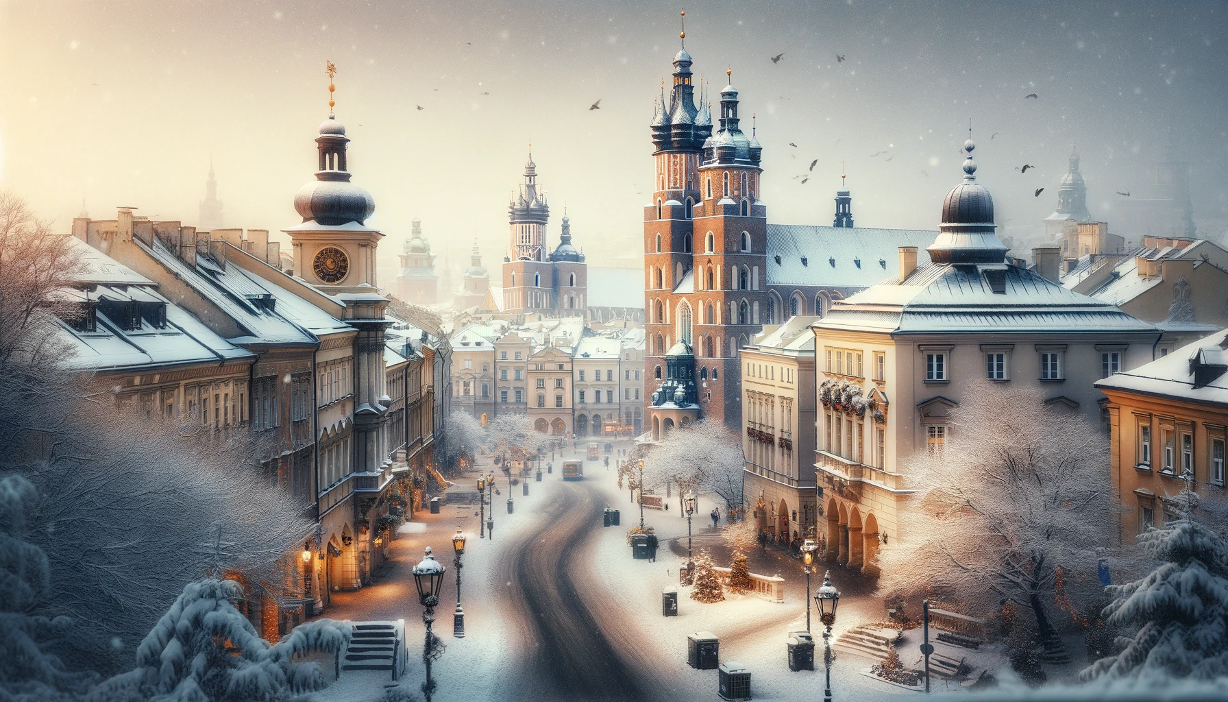 Historical architecture of Krakow under a blanket of winter snow