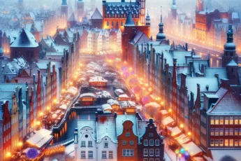 Snowy Winter Scene in Gdansk with Colorful City Lights