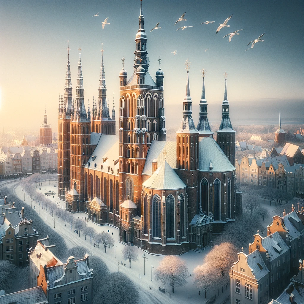 Snow-covered St. Mary's Church in Gdansk