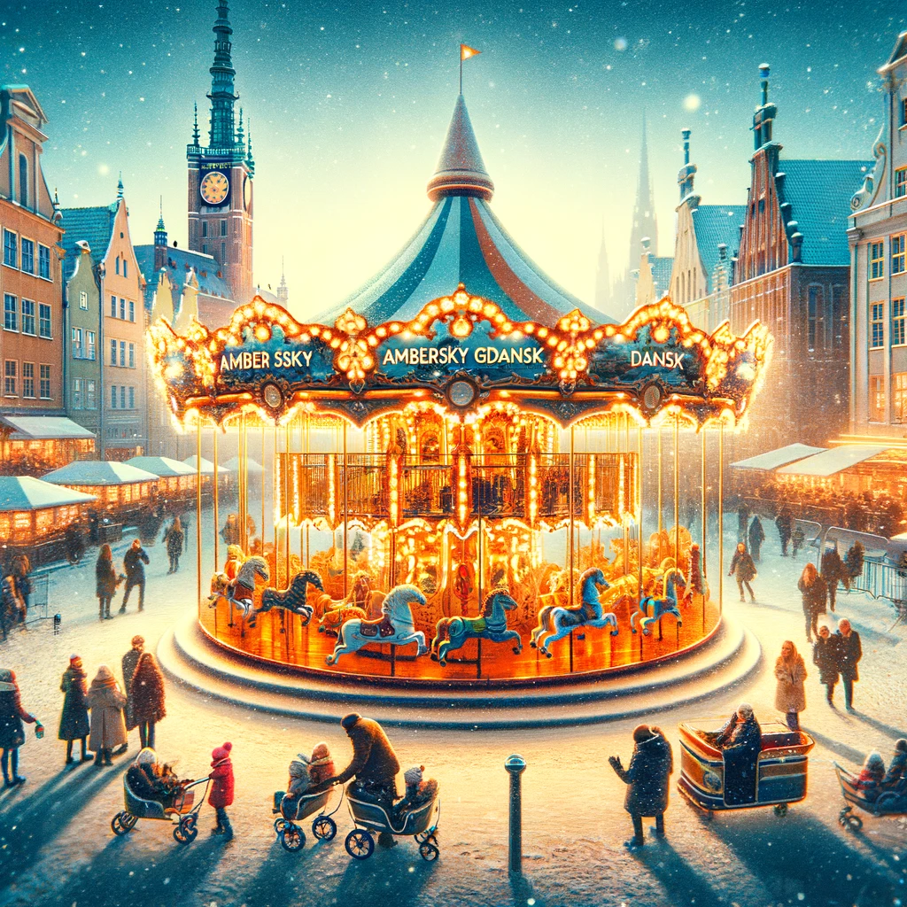 Families on AmberSky Carousel in Snowy Gdansk