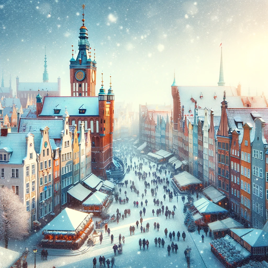 Snowy Streets of Gdansk's Old Town