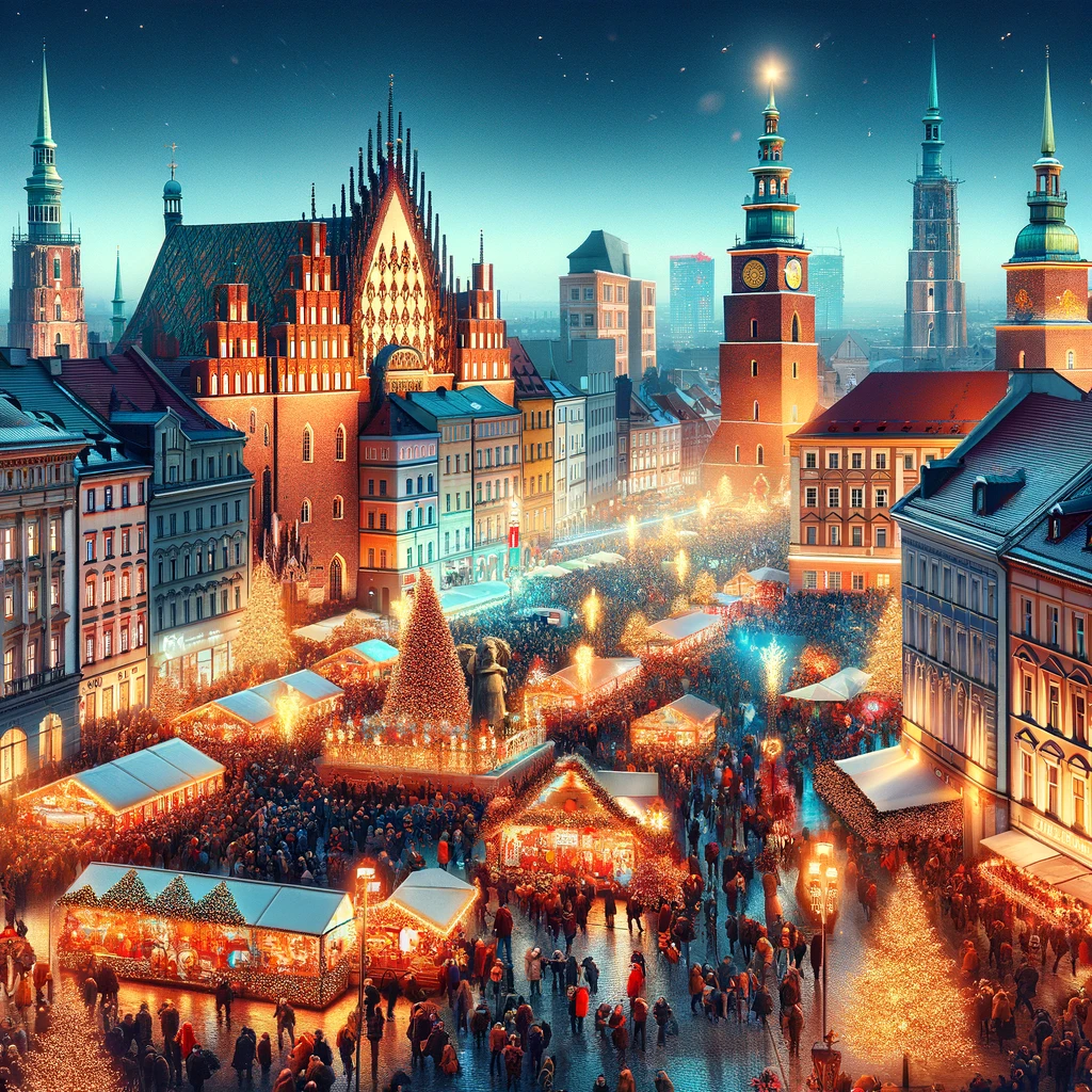 Vibrant New Year's Eve celebrations in Wroclaw with fireworks and festive decorations.