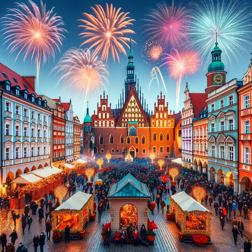 New Year's Eve Celebrations at Market Square in Wroclaw, with Fireworks and Festive Crowds.