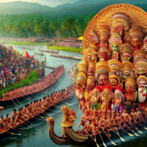 This image captures the essence of summer festivities in Thiruvalla, with traditional dances and the thrilling Snake Boat Races set against a backdrop of lush monsoon greenery.