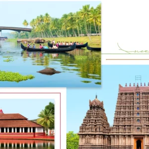 This image captures the serene backwaters, the intricate architecture of the Sree Vallabha Temple, and the unique style of the Parumala Church, highlighting the rich cultural and natural beauty of Thiruvalla.