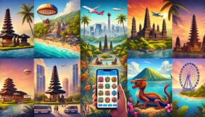 A collage of Indonesia's top tourist destinations, including Bali's beautiful beaches and Uluwatu Temple, Jakarta's National Monument and cityscape, Yogyakarta's Borobudur and Prambanan temples, Komodo Islands with Komodo dragons and pristine beaches, and Lombok's Mount Rinjani and Gili Islands. A traveler is using a mobile device with an online slot game from Surgaplay Indonesia, blending travel and online gaming.