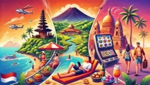 A vibrant scene combining various activities in Indonesia: lounging on a beautiful beach, hiking volcanic trails, exploring local cuisine at a street market, and visiting cultural landmarks like temples. A traveler is using a mobile device with an online slot game from Surgaplay Indonesia, seamlessly blending relaxation and entertainment.