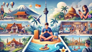 A traveler in Indonesia using a mobile device for online gaming with Surgaplay Indonesia. The image includes various settings: a traveler with a local SIM card, playing games at a beach, relaxing in a hotel room, and sightseeing in places like Ubud, Jakarta, and Yogyakarta. The scene highlights the balance of gaming and travel activities with cultural landmarks, nature, and urban elements.