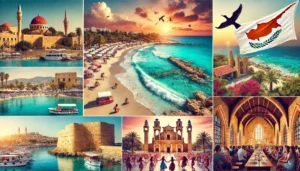 Collage showcasing Cyprus in August: Nissi Beach, ancient ruins of Kourion, St. Hilarion Castle, and a lively festival with local music and dance