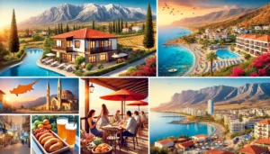 Collage showcasing Northern Cyprus: a beautiful coastal property, scenic landscape with mountains, vibrant local market, and people enjoying local cuisine at an outdoor cafe