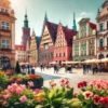 A picturesque view of Wroclaw's old town square during spring with colorful historical buildings and blooming flowers.