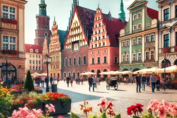 A picturesque view of Wroclaw's old town square during spring with colorful historical buildings and blooming flowers.