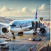 Qatar Airways airplane at an airport gate on a sunny day, with a boarding bridge connected and service vehicles in the background.