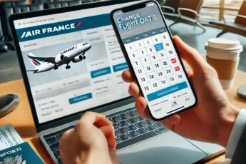 Traveler changing an Air France flight date online using a laptop, with a booking interface and a calendar visible on the screen.