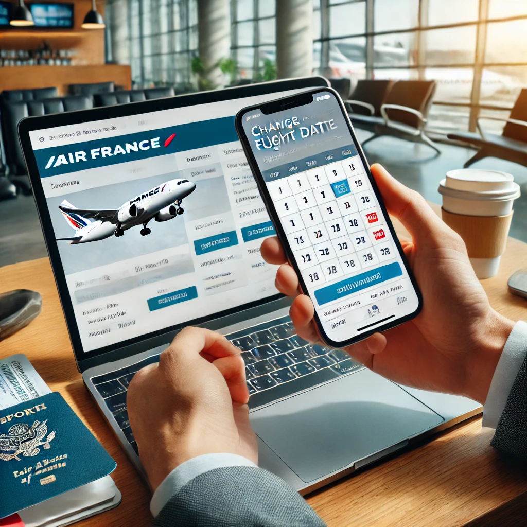 Traveler changing an Air France flight date online using a laptop, with a booking interface and a calendar visible on the screen.