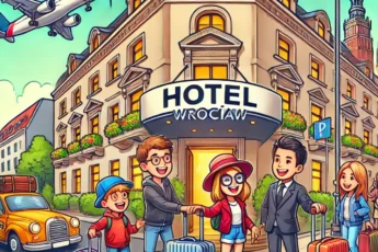 Cartoon illustration of travelers arriving at a stylish hotel in Wrocław, Poland.