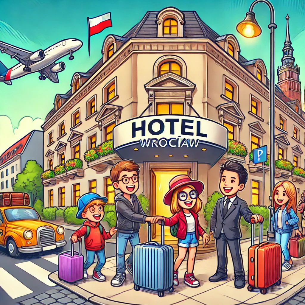 Cartoon illustration of travelers arriving at a stylish hotel in Wrocław, Poland.