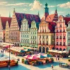 View of Wrocław's Old Town with colorful historical buildings and bustling market stalls.