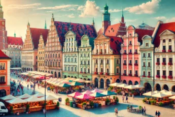 View of Wrocław's Old Town with colorful historical buildings and bustling market stalls.