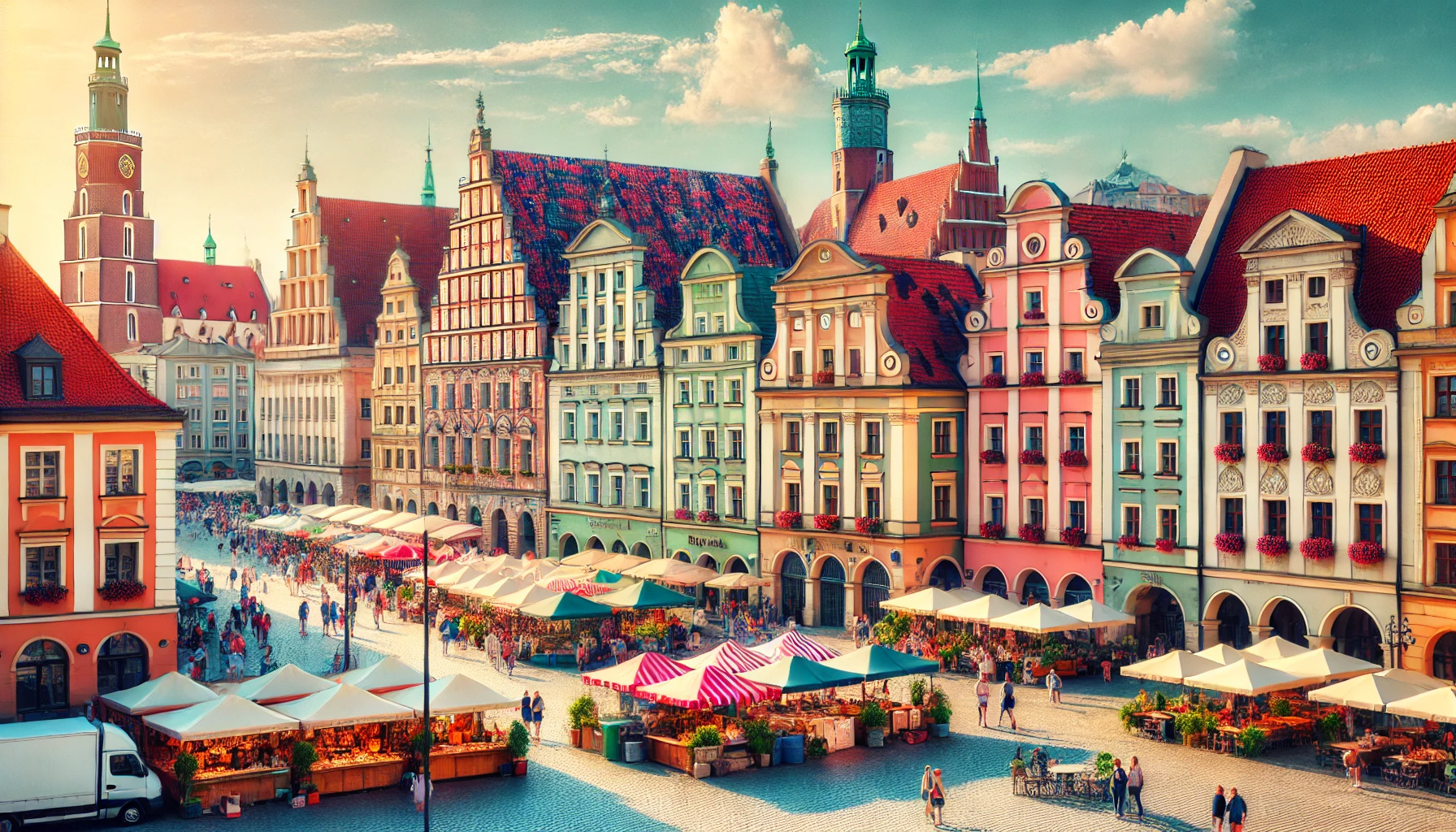 View of Wrocław's Old Town with colorful historical buildings and bustling market stalls.