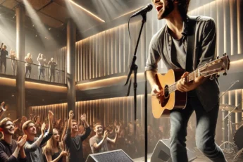 David Tyszkowski passionately performing live on stage at a sold-out concert, guitar in hand, in a vibrant and intimate setting at the National Forum of Music, Wrocław.