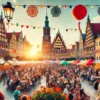 People enjoying a summer festival at Wrocław's Market Square, surrounded by colorful stalls and live music.