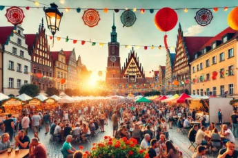 People enjoying a summer festival at Wrocław's Market Square, surrounded by colorful stalls and live music.