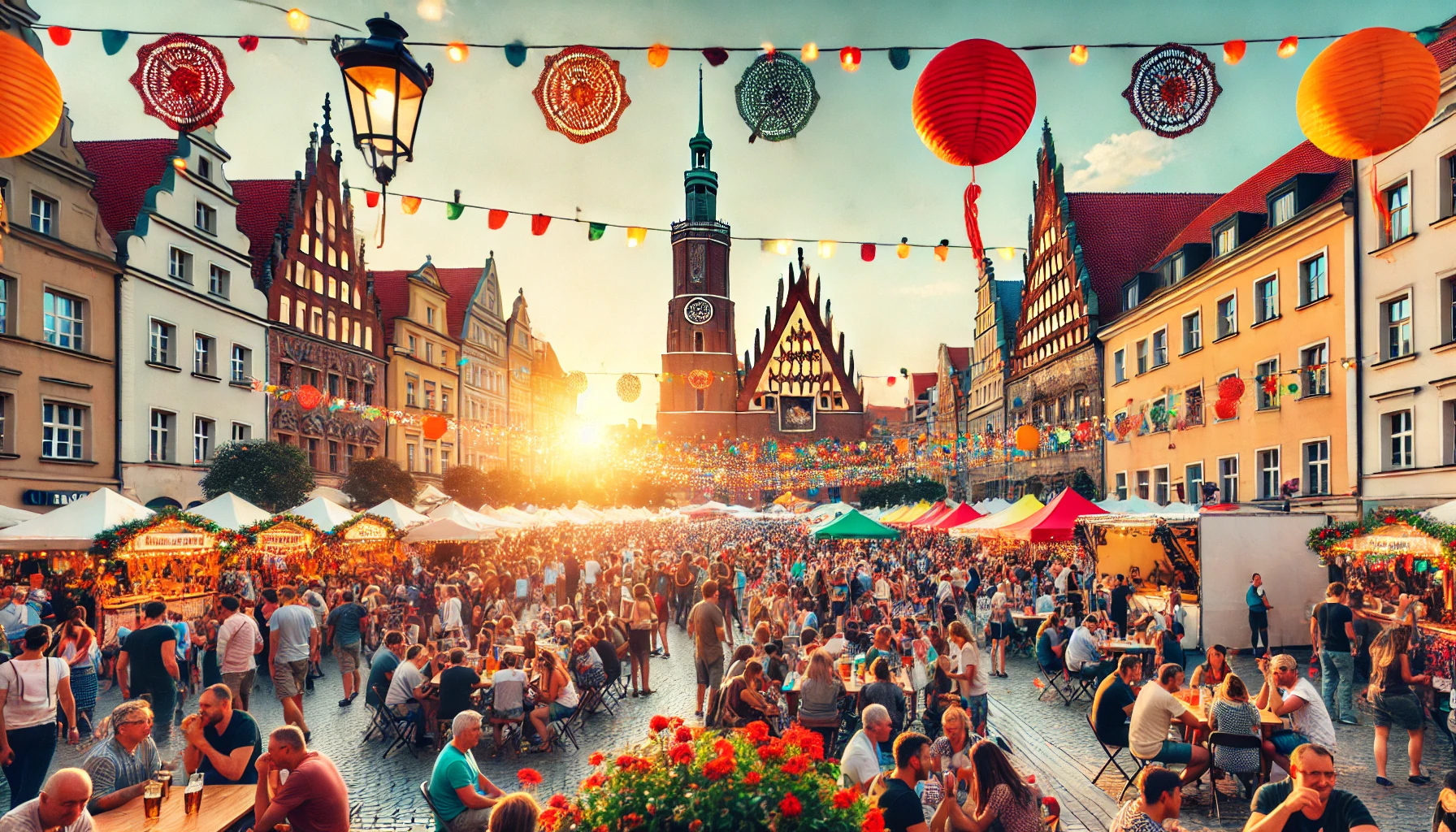 People enjoying a summer festival at Wrocław's Market Square, surrounded by colorful stalls and live music.