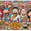 Humorous cartoon of people enjoying international foods at a lively street food festival.