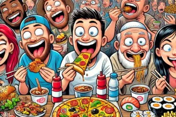 Humorous cartoon of people enjoying international foods at a lively street food festival.