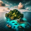 A serene remote island in the Pacific Ocean with crystal-clear waters and lush greenery, evoking mystery and adventure.