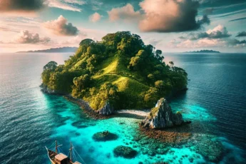 A serene remote island in the Pacific Ocean with crystal-clear waters and lush greenery, evoking mystery and adventure.