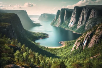 Scenic view of Sweden's High Coast with stunning coastal cliffs, lush green nature, and a clear blue sky.