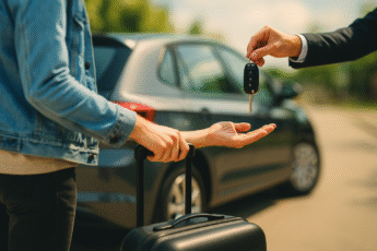 Traveler receiving a rental car key in Europe with luggage and a modern car in the background – tilt-shift close-up