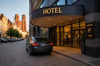 Best Hotels in Wrocław with Parking – modern hotel entrance with private parking in the city center